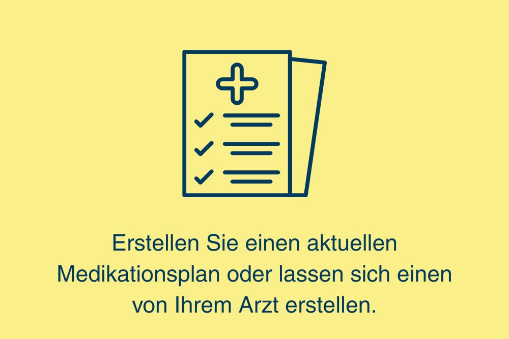 Dunkelblaues Icon, das einen Medikamentenplan darstellt vor gelbem Hintergrund
