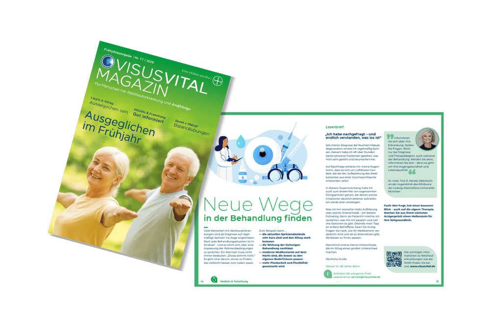 Cover VisusVital Magazin Frühjahr 2026 mit Blick ins Magazin zum Thema Spritzenbehandlung